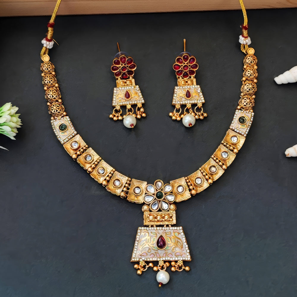 JS Fashion Traditional Antique Necklace Set with Pearl Drops