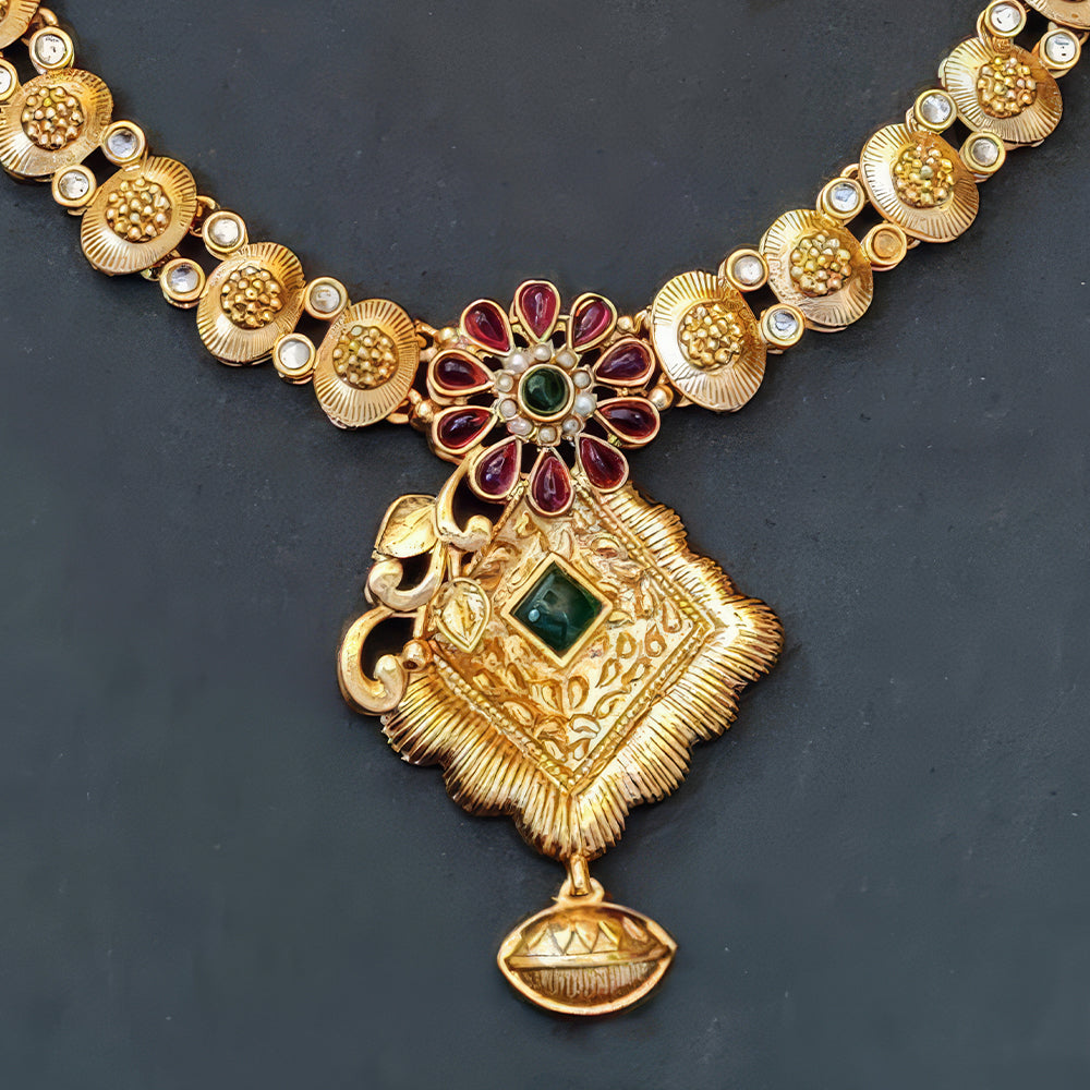 JS Fashion Antique High Gold with Green Accent Party Wear Necklace Set