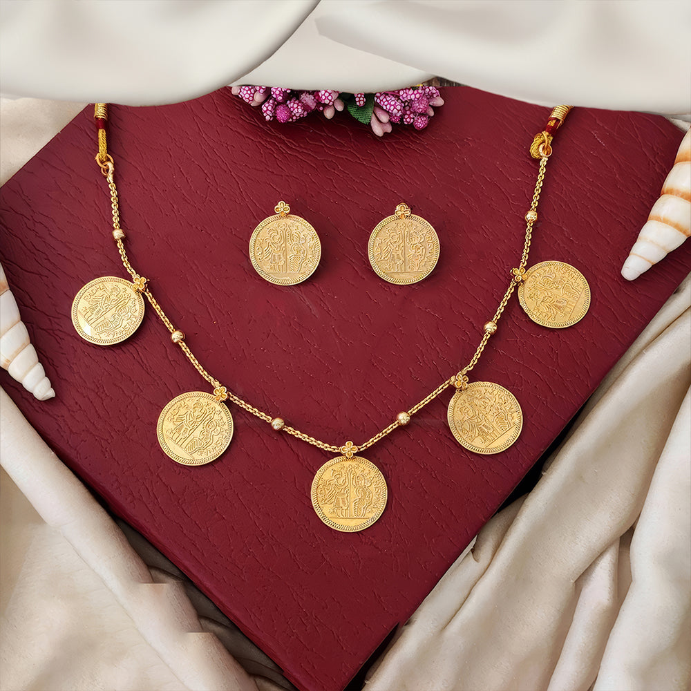 JS Fashion Radhe Krishna Coin Necklace Set in High Gold Finish
