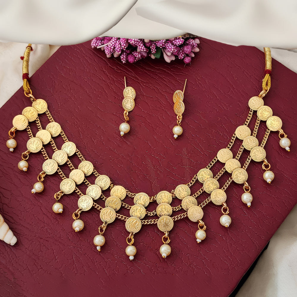 JS Fashion Temple High Gold Polish Fancy 3 Layer Necklace Set