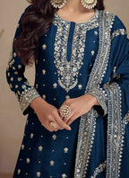 Vastranavya Glamorous Blue Chinon Palazzo Suit With Intricate Sequins Embroidery Work with Dupatta