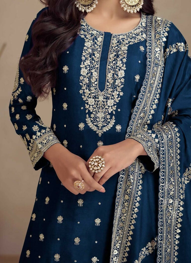 Vastranavya Glamorous Blue Chinon Palazzo Suit With Intricate Sequins Embroidery Work with Dupatta