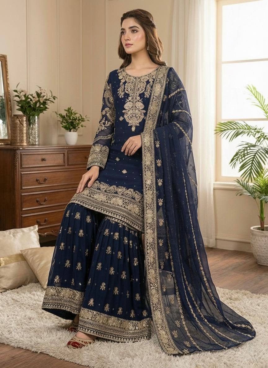 Prazu Fashion Navy Blue Georgette Embroidered Sequins Sharara Suit - Distacart