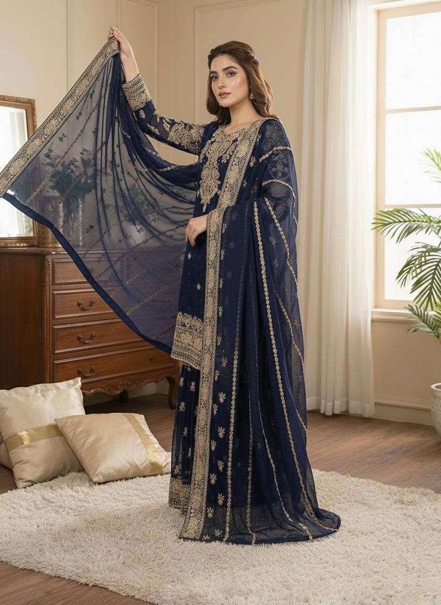 Prazu Fashion Navy Blue Georgette Embroidered Sequins Sharara Suit - Distacart