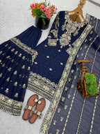 Prazu Fashion Navy Blue Georgette Embroidered Sequins Sharara Suit - Distacart