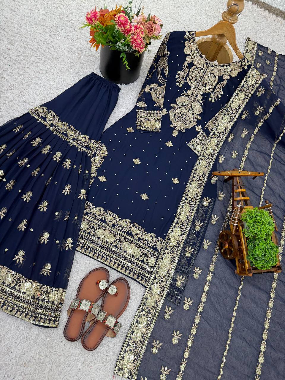 Prazu Fashion Navy Blue Georgette Embroidered Sequins Sharara Suit - Distacart