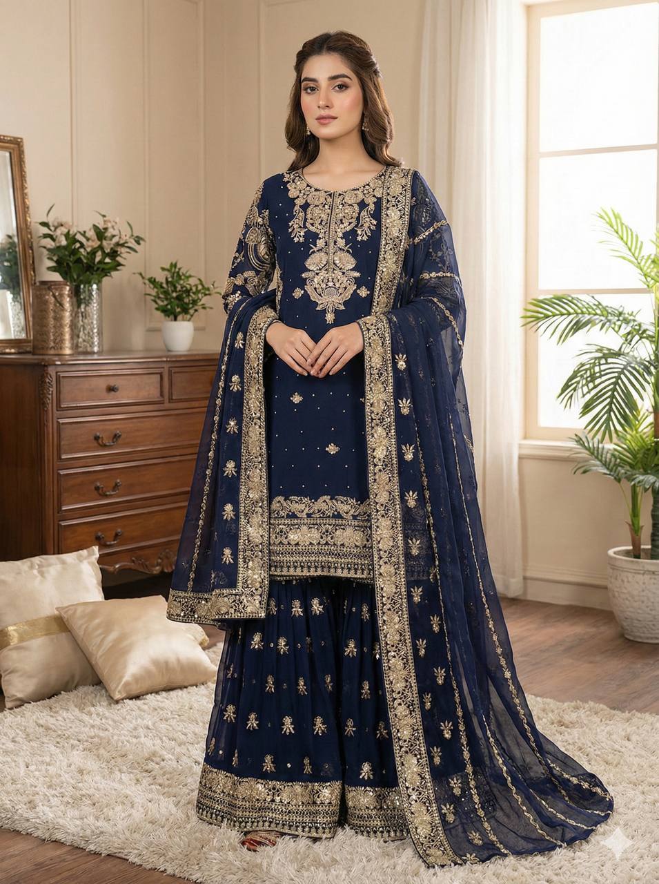 Prazu Fashion Navy Blue Georgette Embroidered Sequins Sharara Suit - Distacart