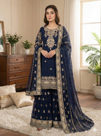 Prazu Fashion Navy Blue Georgette Embroidered Sequins Sharara Suit - Distacart