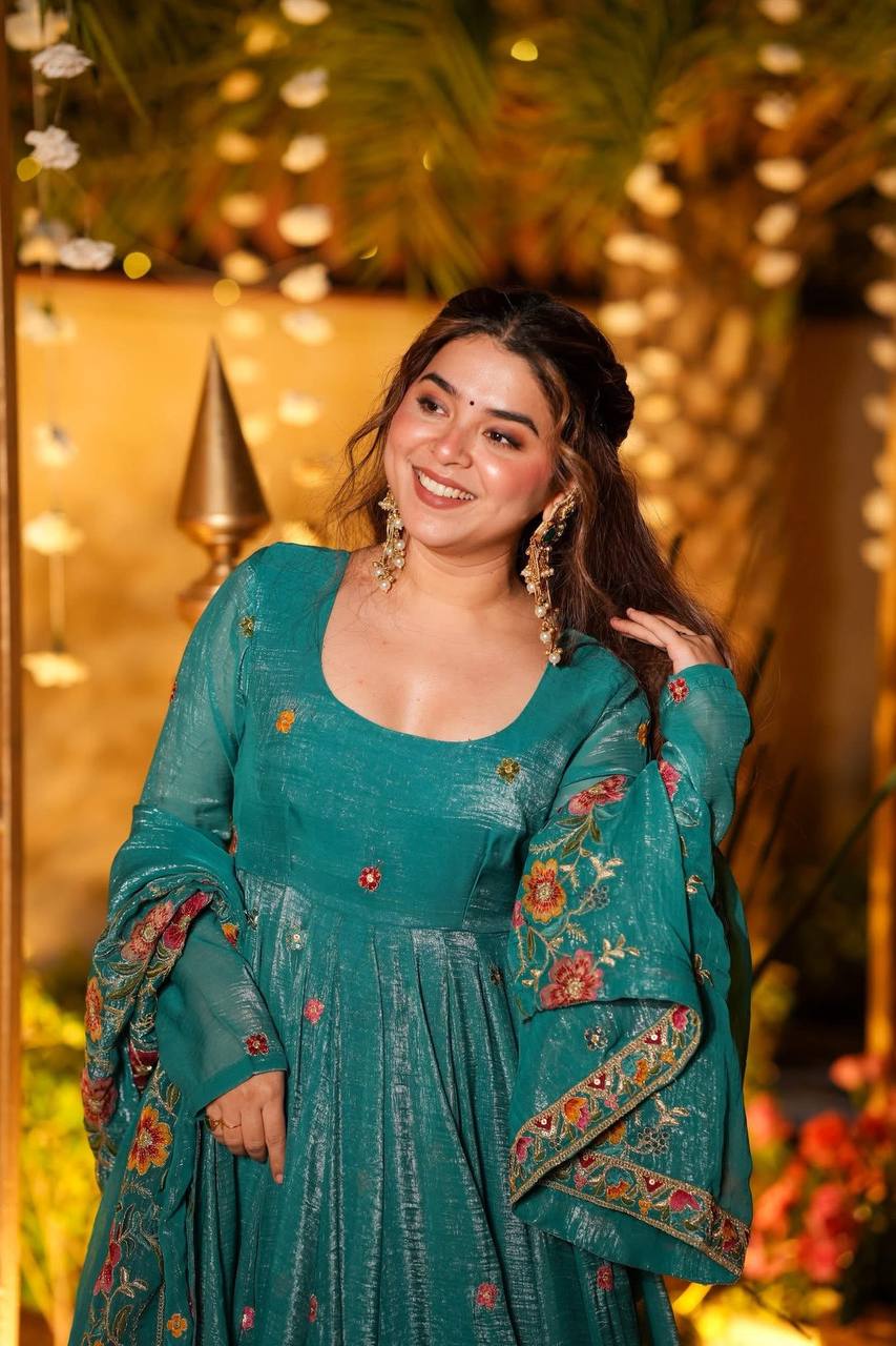 Prazu Fashion Blue Crunchy Silk With Embroidery Sequins Work Palazzo Suit