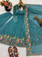 Prazu Fashion Blue Crunchy Silk With Embroidery Sequins Work Palazzo Suit
