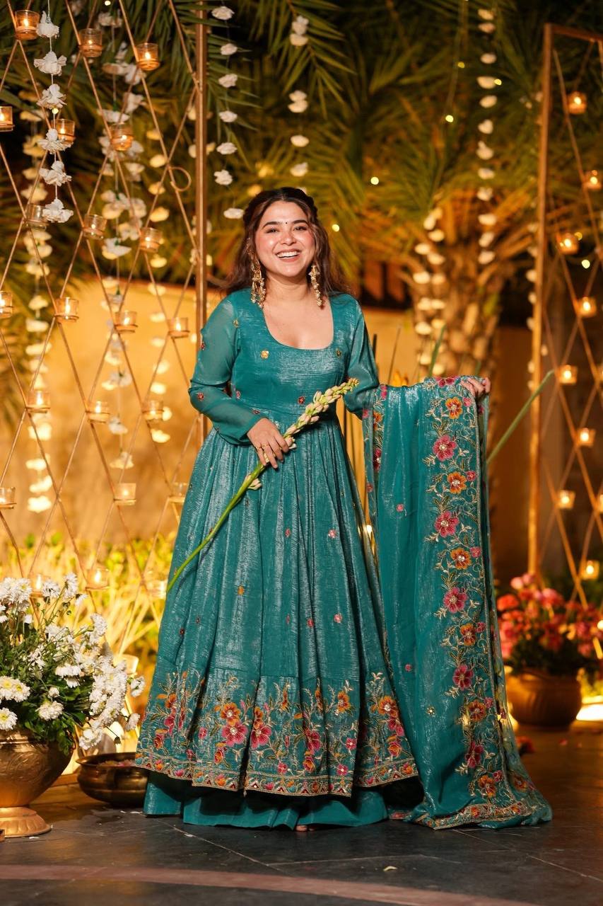 Prazu Fashion Blue Crunchy Silk With Embroidery Sequins Work Palazzo Suit