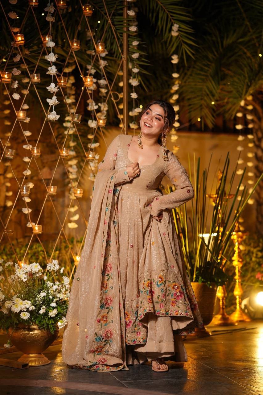 Prazu Fashion Cream Crunchy Silk With Embroidery Sequins Work Palazzo Suit