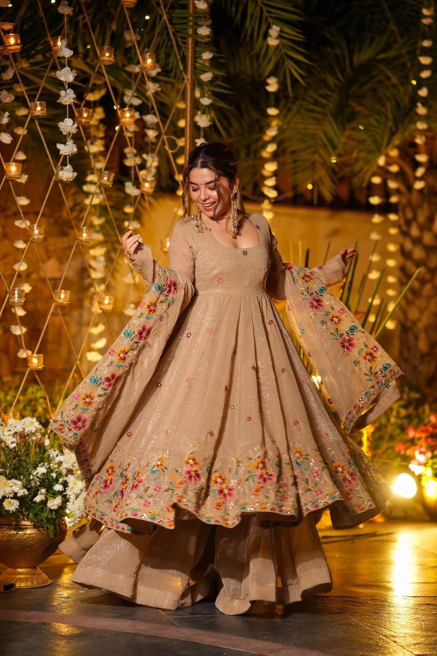 Prazu Fashion Cream Crunchy Silk With Embroidery Sequins Work Palazzo Suit