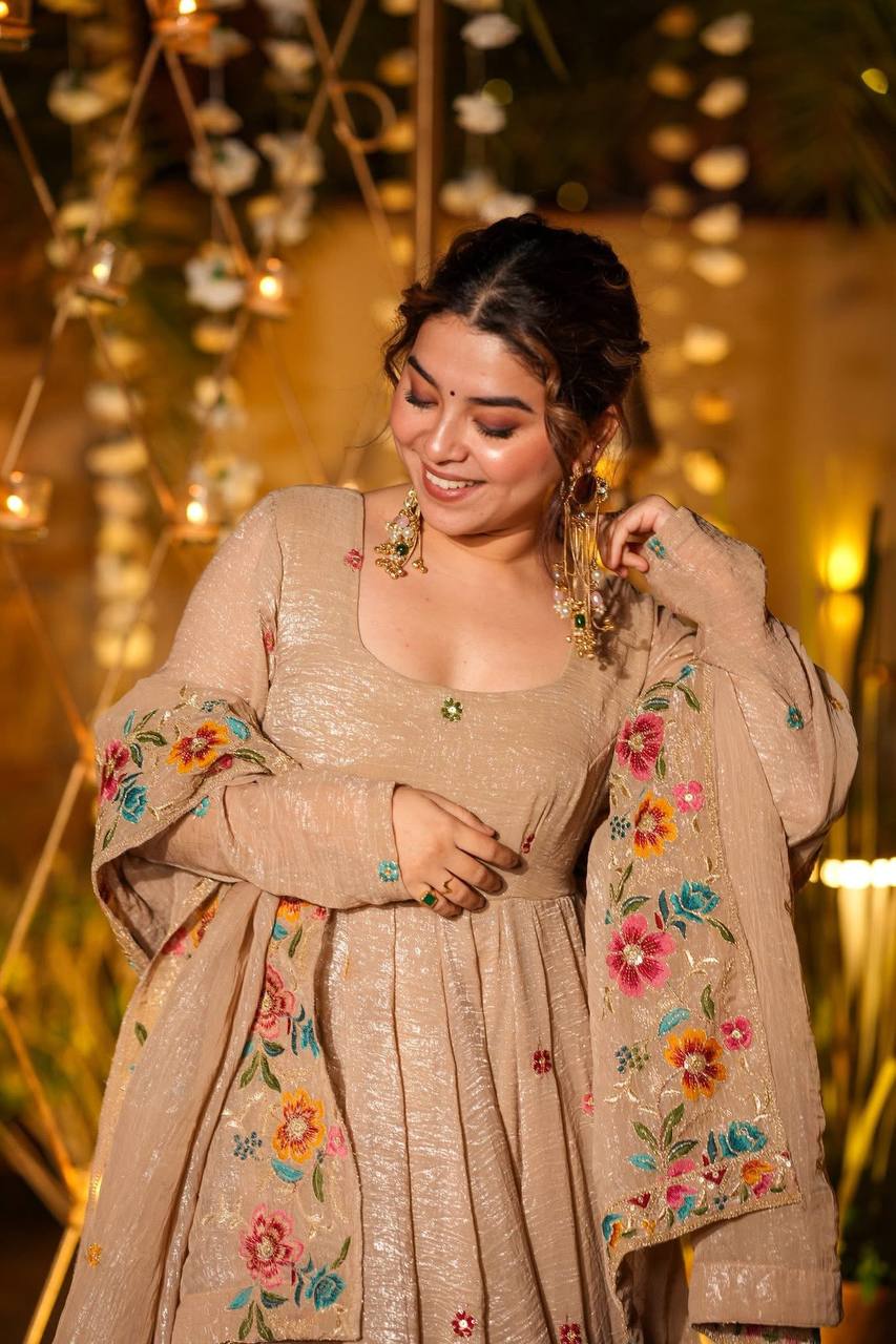 Prazu Fashion Cream Crunchy Silk With Embroidery Sequins Work Palazzo Suit