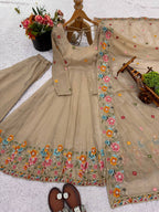 Prazu Fashion Cream Crunchy Silk With Embroidery Sequins Work Palazzo Suit
