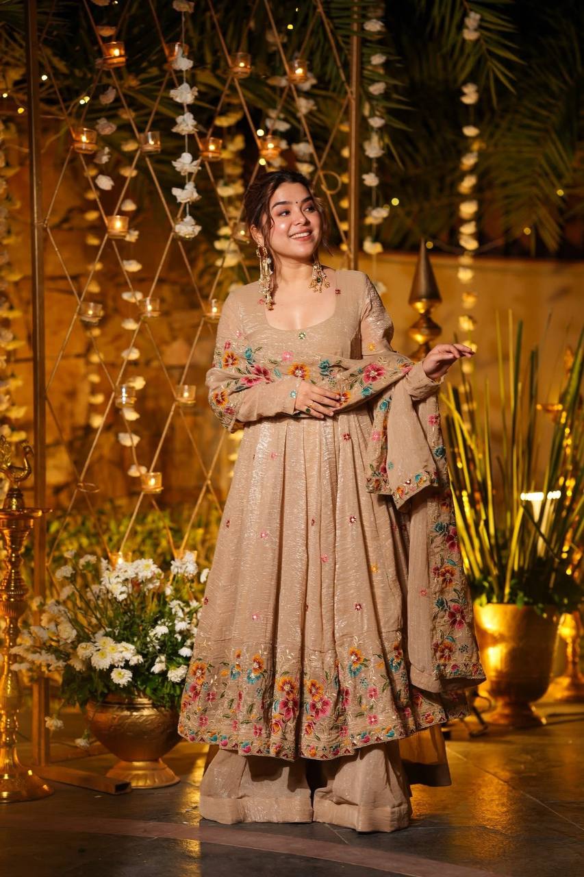 Prazu Fashion Cream Crunchy Silk With Embroidery Sequins Work Palazzo Suit