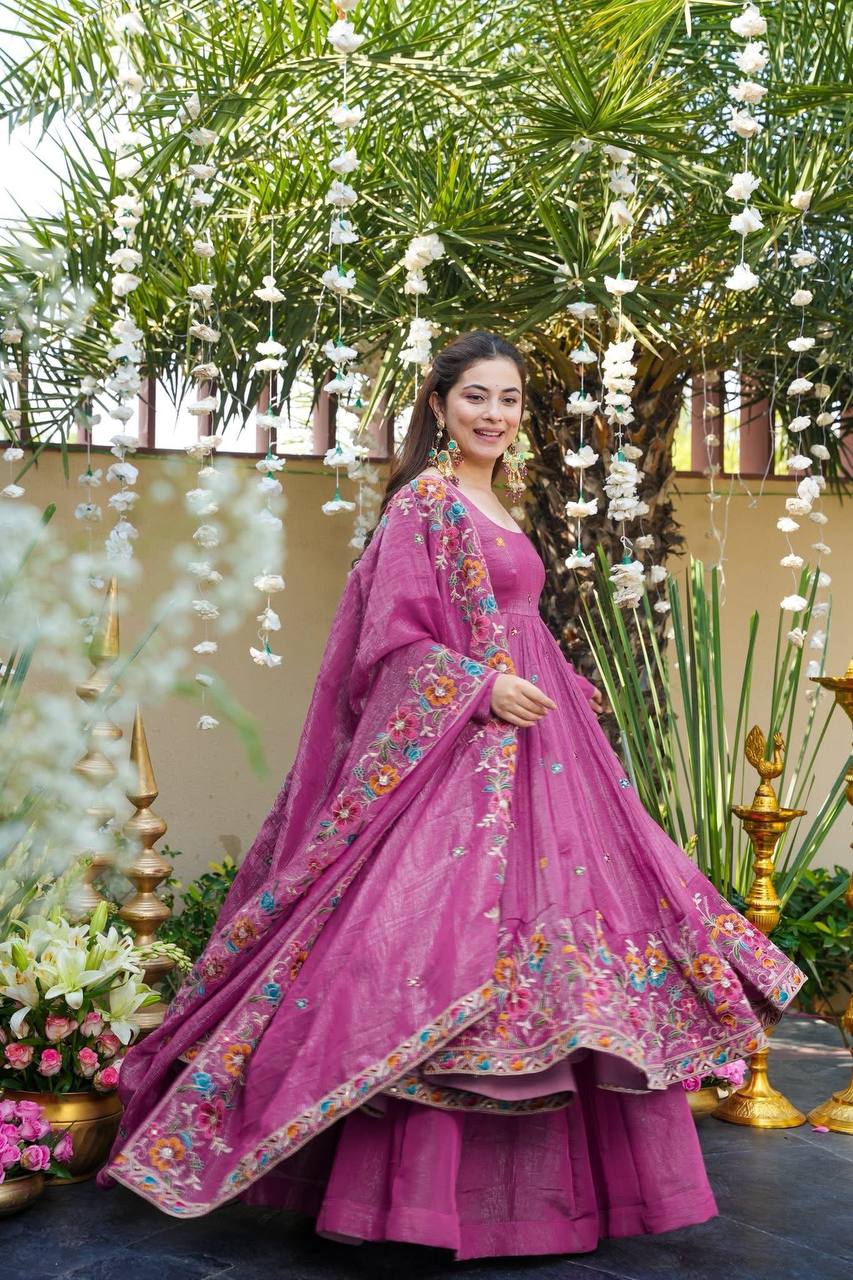 Prazu Fashion Onion Pink Crunchy Silk With Embroidery Sequins Work Palazzo Suit