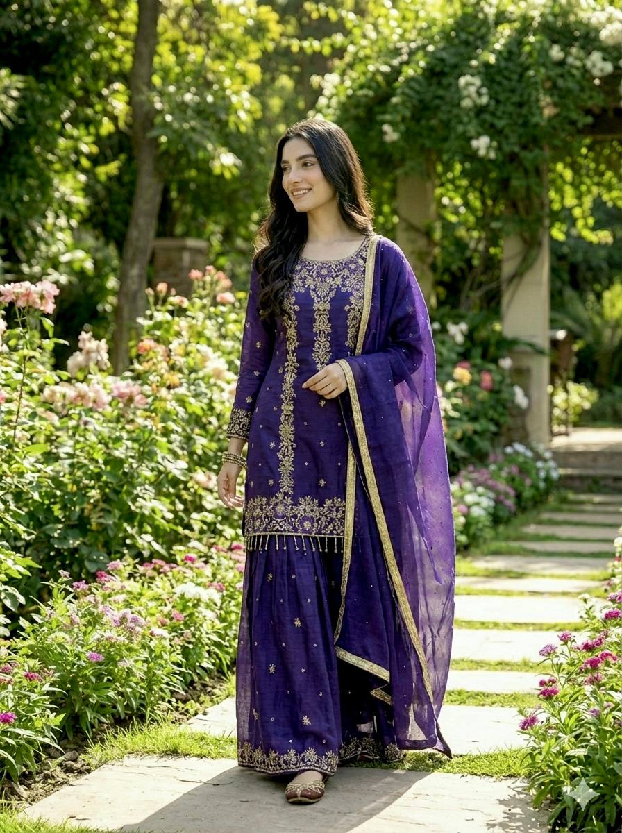 Prazu Fashion Blue Silk Embroidered With Sequence Sharara Suit - Distacart