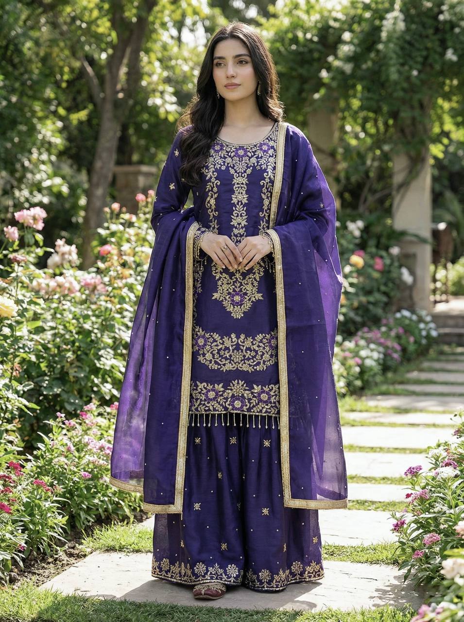 Prazu Fashion Blue Silk Embroidered With Sequence Sharara Suit - Distacart