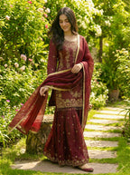 Prazu Fashion Maroon Silk Embroidered With Sequence Sharara Suit - Distacart