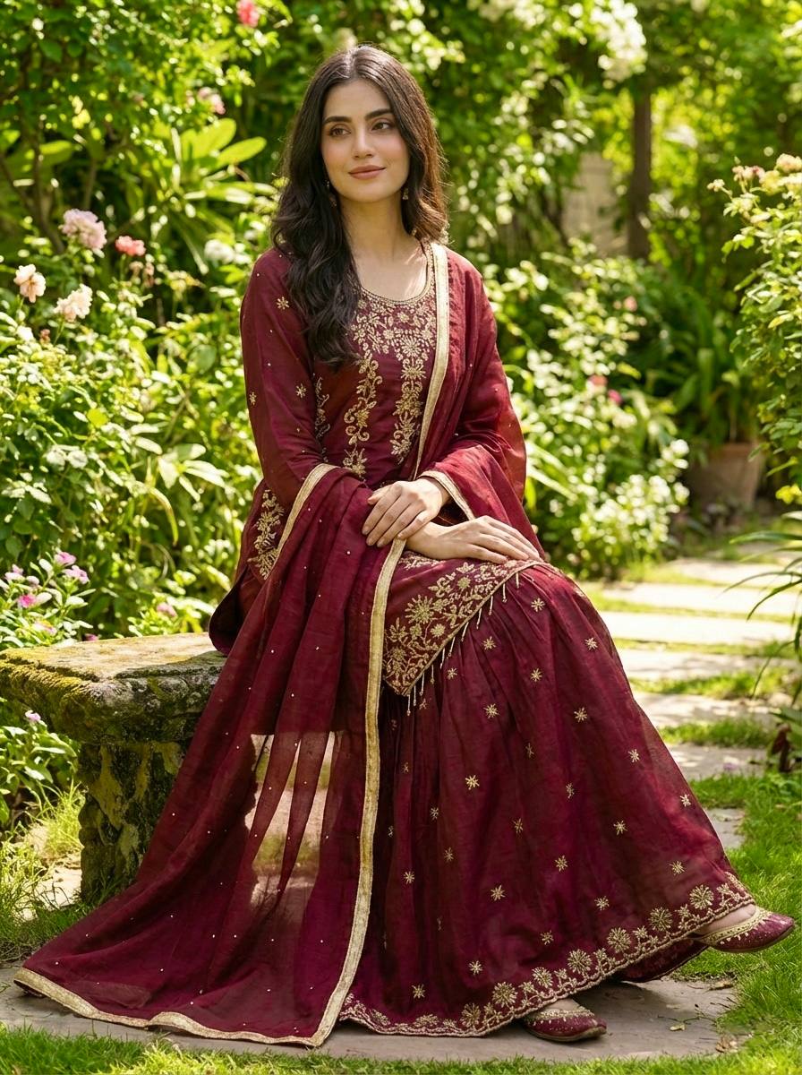 Prazu Fashion Maroon Silk Embroidered With Sequence Sharara Suit - Distacart
