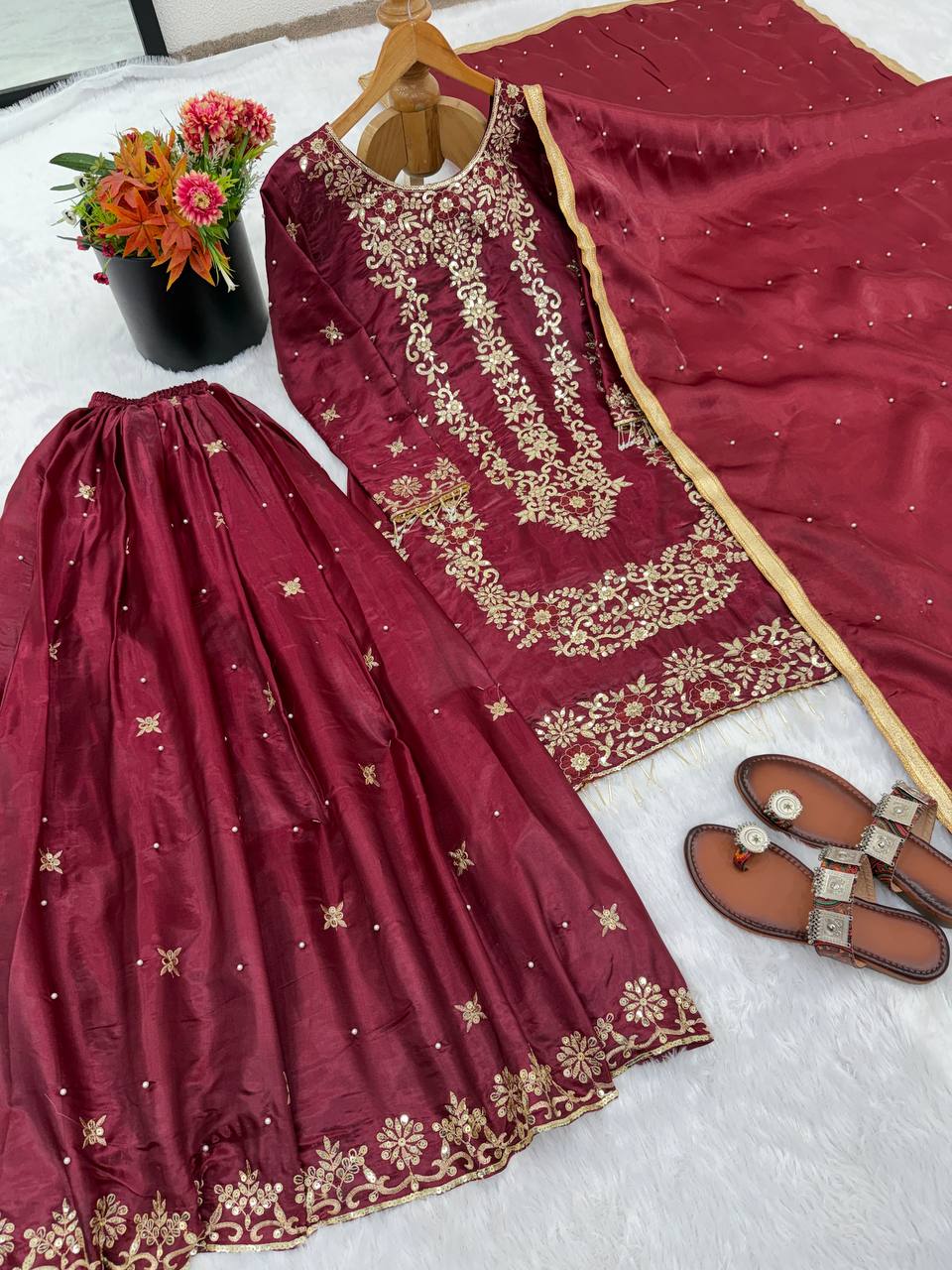 Prazu Fashion Maroon Silk Embroidered With Sequence Sharara Suit - Distacart