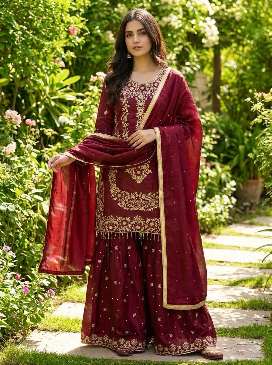 Prazu Fashion Maroon Silk Embroidered With Sequence Sharara Suit - Distacart