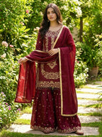 Prazu Fashion Maroon Silk Embroidered With Sequence Sharara Suit - Distacart