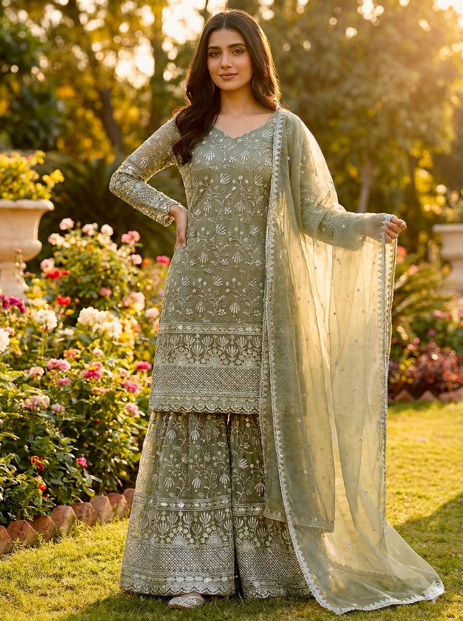 Prazu Fashion Olive Green Pure Jimmy Silk Embroidered With Sequins Sharara Suit - Distacart