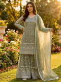 Prazu Fashion Olive Green Pure Jimmy Silk Embroidered With Sequins Sharara Suit - Distacart