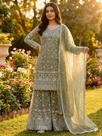 Prazu Fashion Olive Green Pure Jimmy Silk Embroidered With Sequins Sharara Suit - Distacart