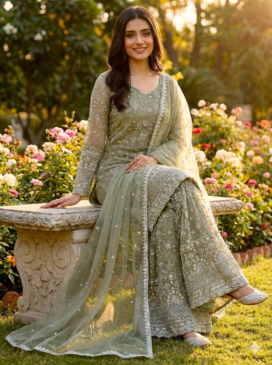 Prazu Fashion Olive Green Pure Jimmy Silk Embroidered With Sequins Sharara Suit - Distacart