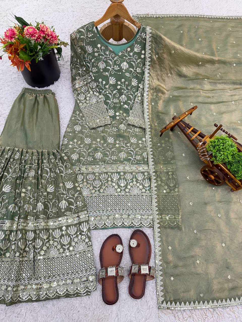Prazu Fashion Olive Green Pure Jimmy Silk Embroidered With Sequins Sharara Suit - Distacart