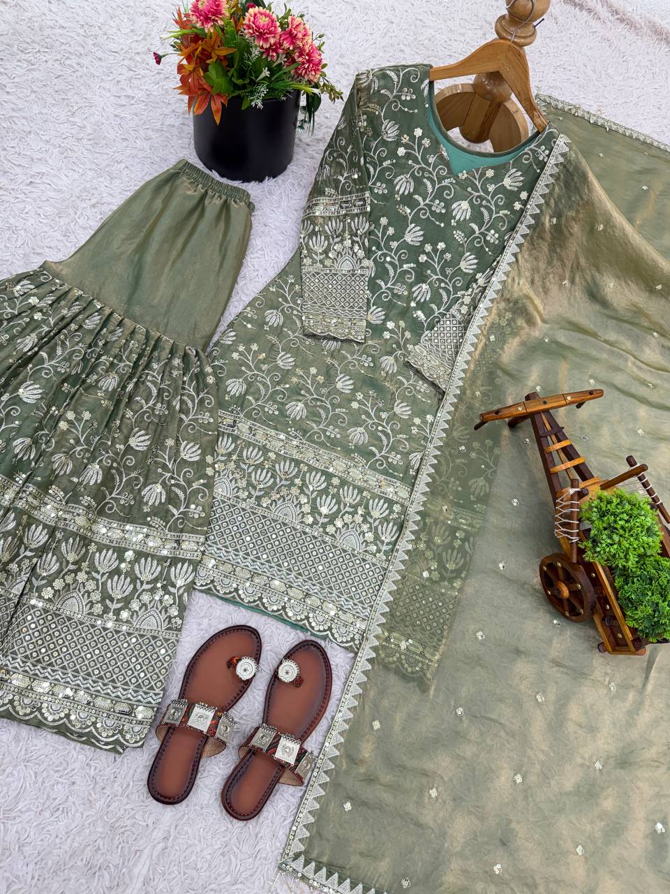 Prazu Fashion Olive Green Pure Jimmy Silk Embroidered With Sequins Sharara Suit - Distacart