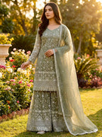 Prazu Fashion Olive Green Pure Jimmy Silk Embroidered With Sequins Sharara Suit - Distacart