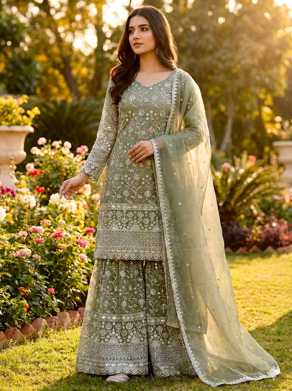 Prazu Fashion Olive Green Pure Jimmy Silk Embroidered With Sequins Sharara Suit - Distacart
