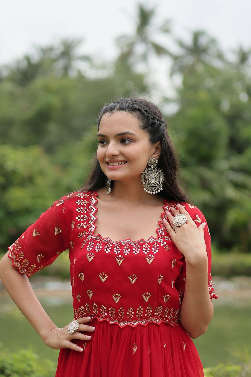 Joban Fashion Red Georgette Sequence Embroidery Work Gown - Distacart