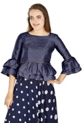 Aastha Fashion Women's Navy Blue Art Silk Bell Sleeves attire with Poly Cotton Lining Blouse