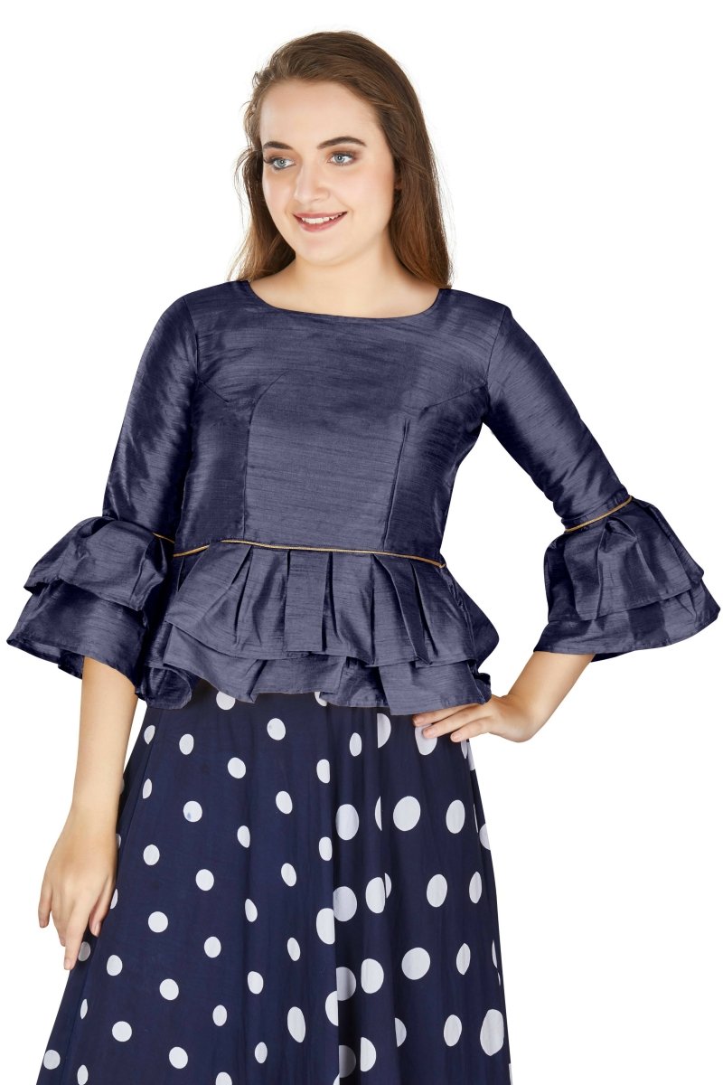 Aastha Fashion Women's Navy Blue Art Silk Bell Sleeves attire with Poly Cotton Lining Blouse