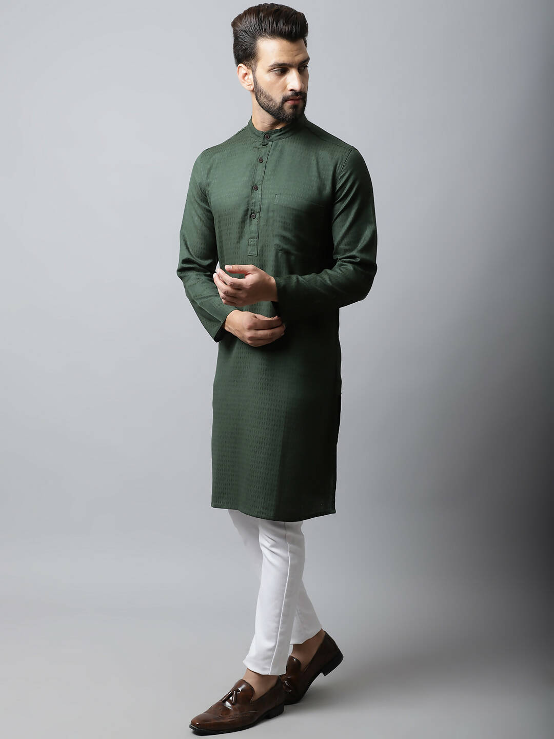 Even Apparels Green Color Viscose Pure Cotton Men's Kurta With Band Collar (SLD1197) - Distacart