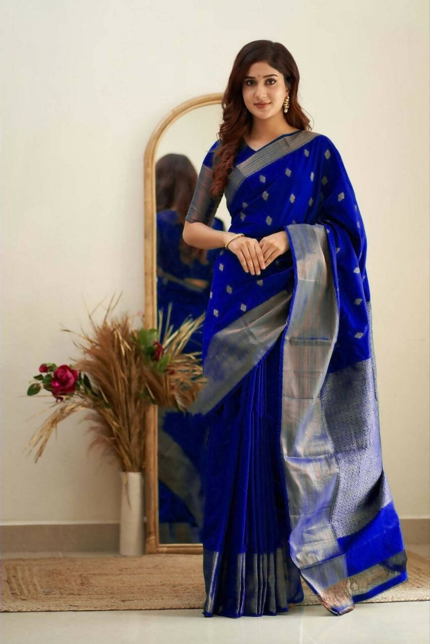 DEIANA'S Beautiful Designer Golden zari Soft Lichi Silk Saree - Royal Blue