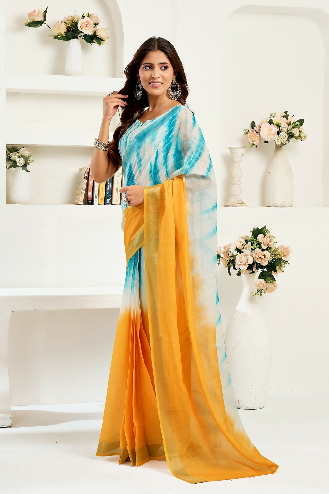 Vastranavya Multi Digital Printed Linen Ready To Wear Designer Saree with Unstitched Blouse - Distacart