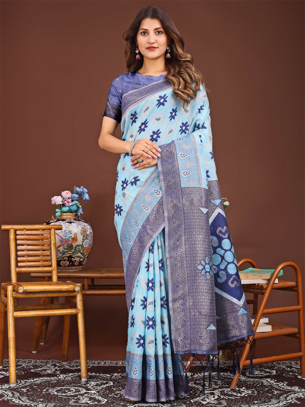 Shree Shyam Fashion Sajni Sky Blue Linen Cotton Saree