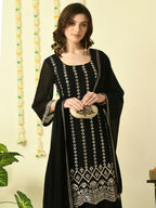 Myshka Women's Black Georgette Kurta & Skirt With Dupatta Party Sets