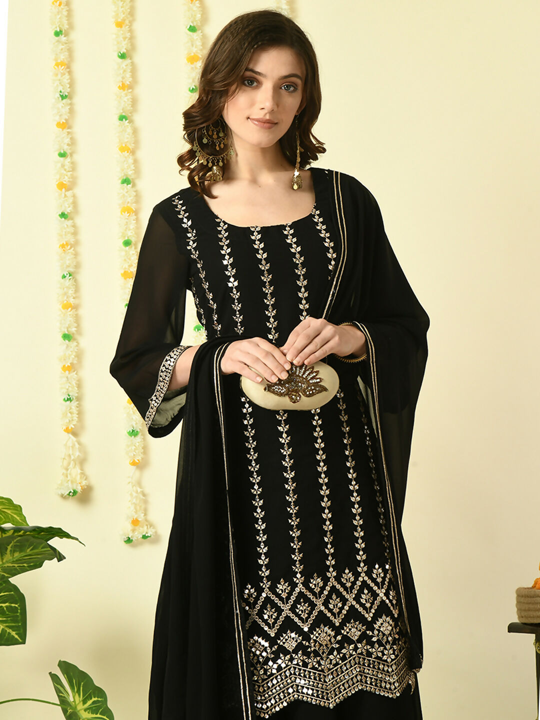 Myshka Women's Black Georgette Kurta & Skirt With Dupatta Party Sets