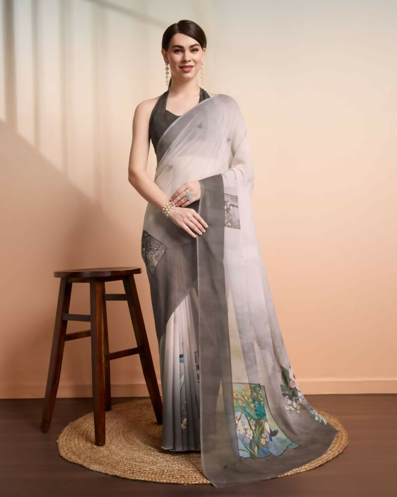 Grey Georgette Designer Printed Party Wear Saree - Cinderella