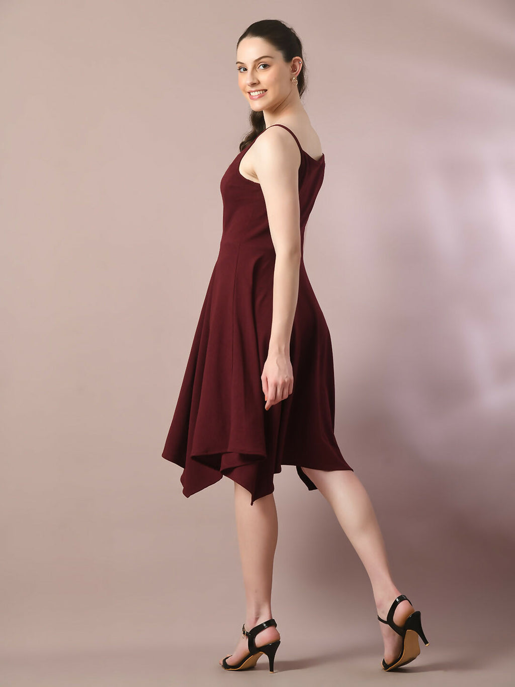 Myshka Women's Maroon Solid Shoulder Straps Fit and Flare Party Dress - Distacart