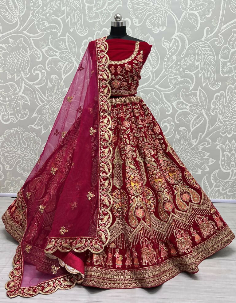 Jyoti Fashion Women's Rani Pink Velvet Multi Thread Embroidered with Zircon Diamond Work Wedding Lehenga Choli