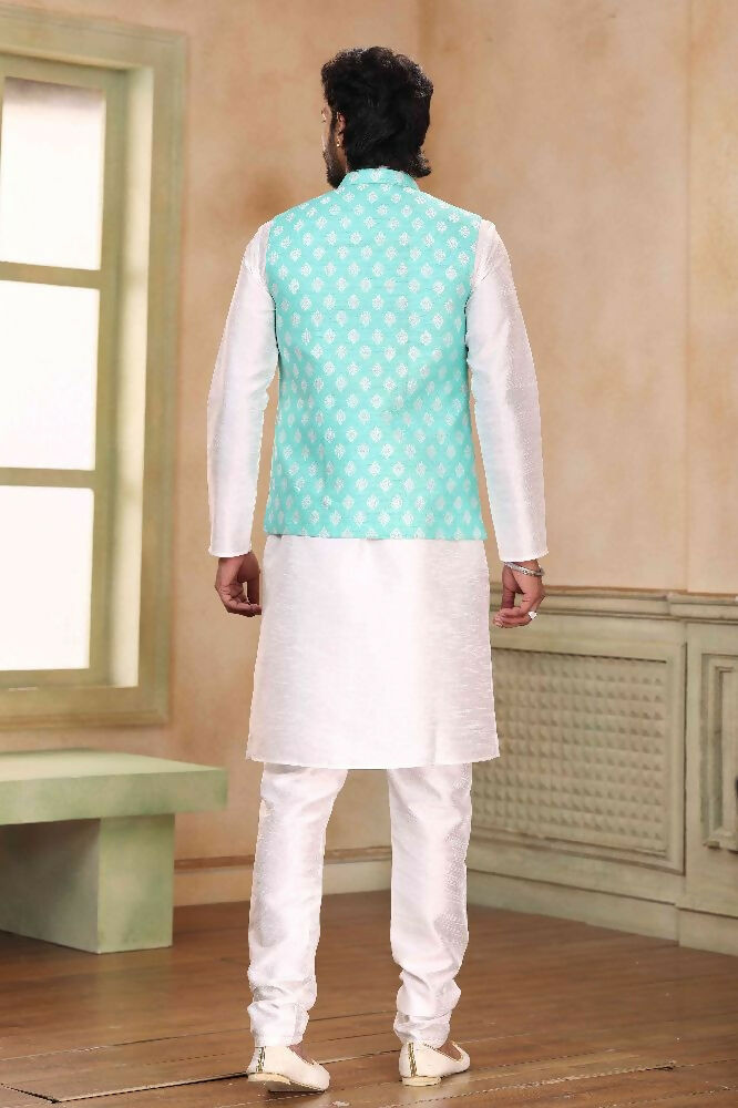 Raivat Ethnic Jacquard Banarasi Silk Woven Work 3 Pics Jacket Set In Sky Blue Colour - Distacart