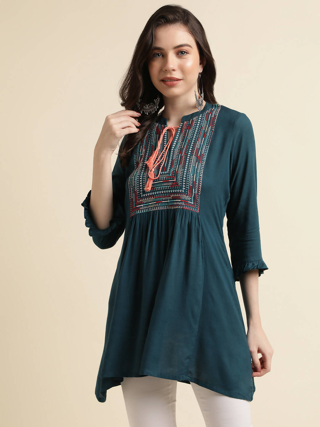 Teal Rayon Yoke Embroidered A-line Top - Tarini